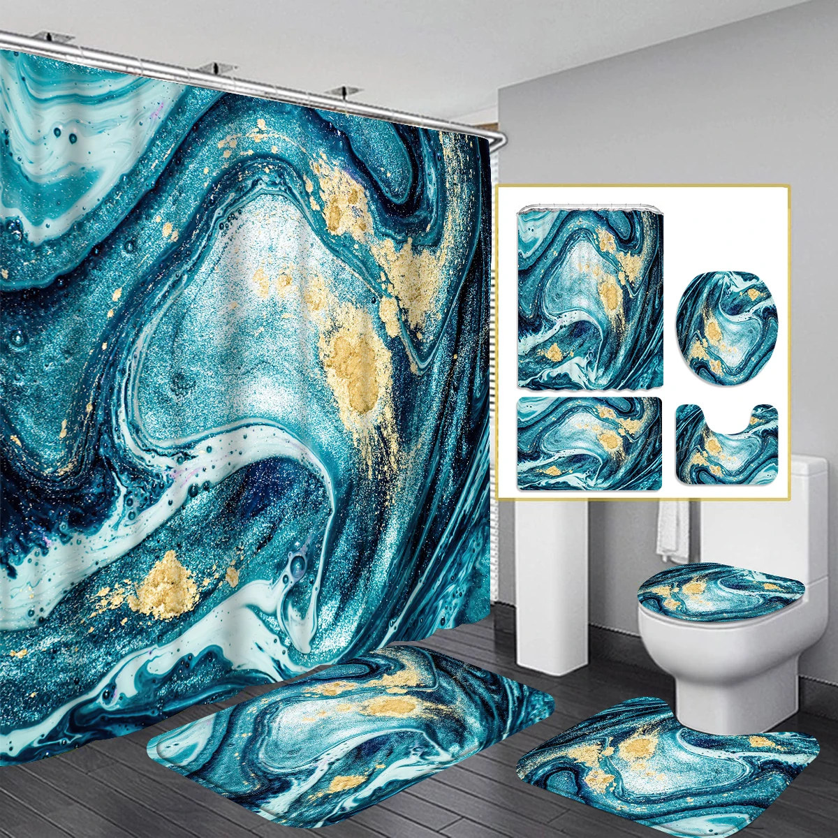 1/4 Piece Shower Curtain Set, Waterproof Bathroom Partition Curtain with Hooks, Anti-Slip Bath Rug, U Shape Mat, Toilet Seat Cov