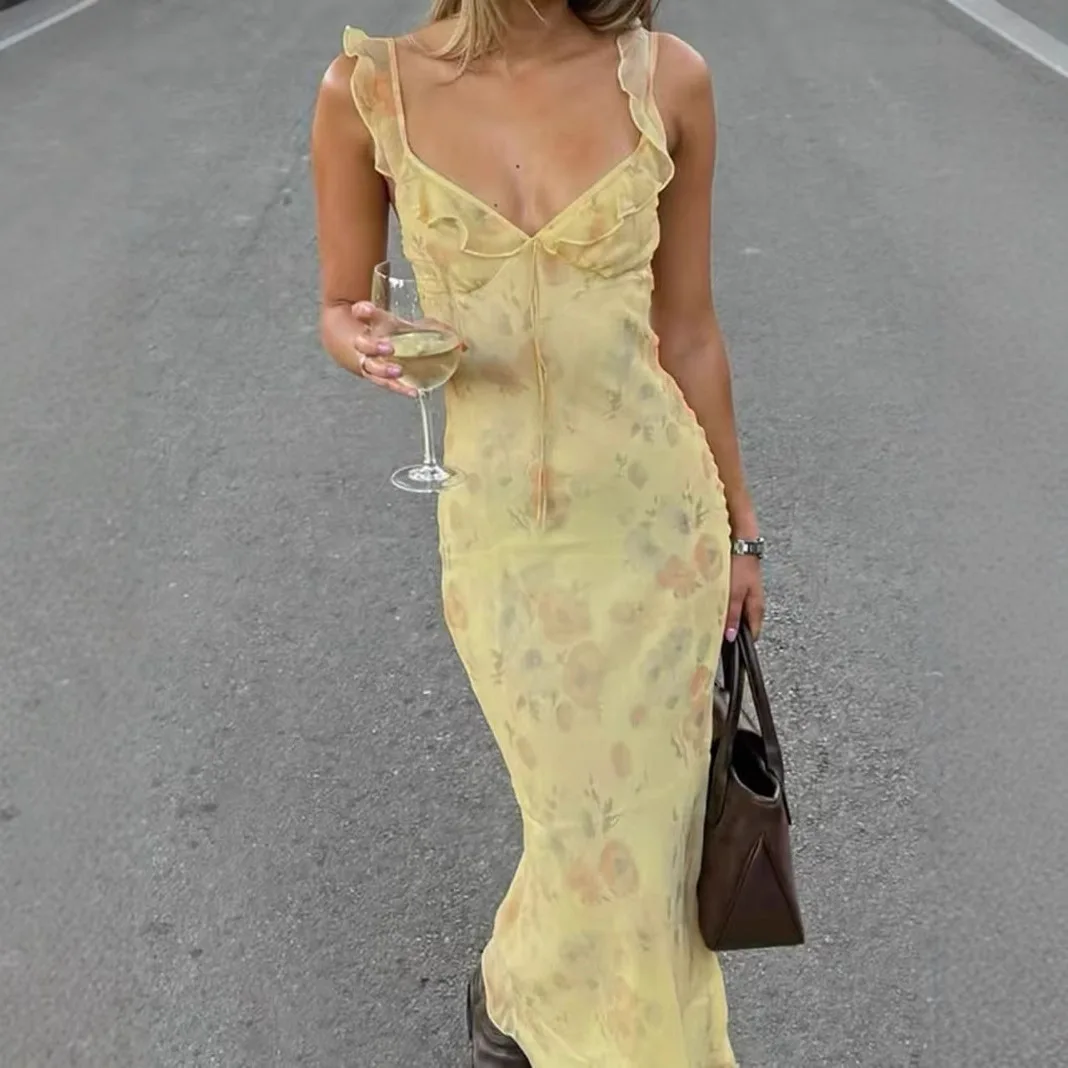 

Sexy Elegant Flower Print Slim Long Dresses Women V-neck Low Cut Leace-up Backless Package Hip Bodycon Sleeveless Dress Female