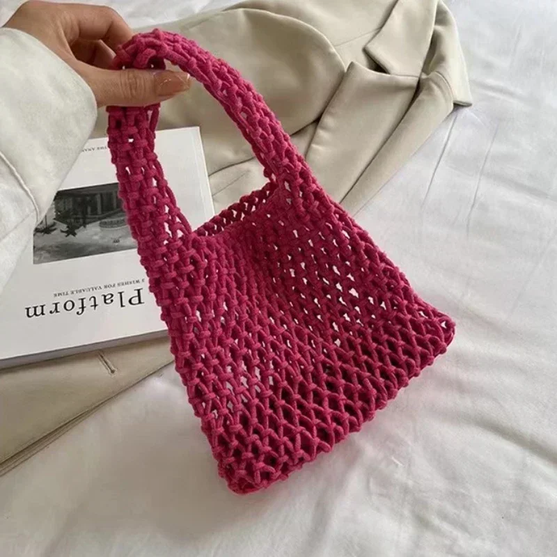 BJH-01 Summer Hand Woven Tote Bags Knitting Crochet Beach Shoulder Bag Hollow Out Handbag Ladies  Straw Rope