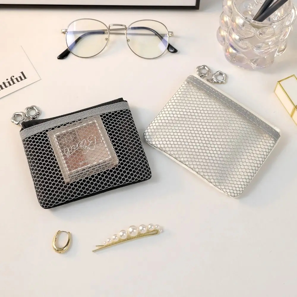 Outdoor Double Layer Mesh Coin Purse Zipper Transparent Mini Cosmetic Bag Grid Card Bag Earphone Bag Coin Storage