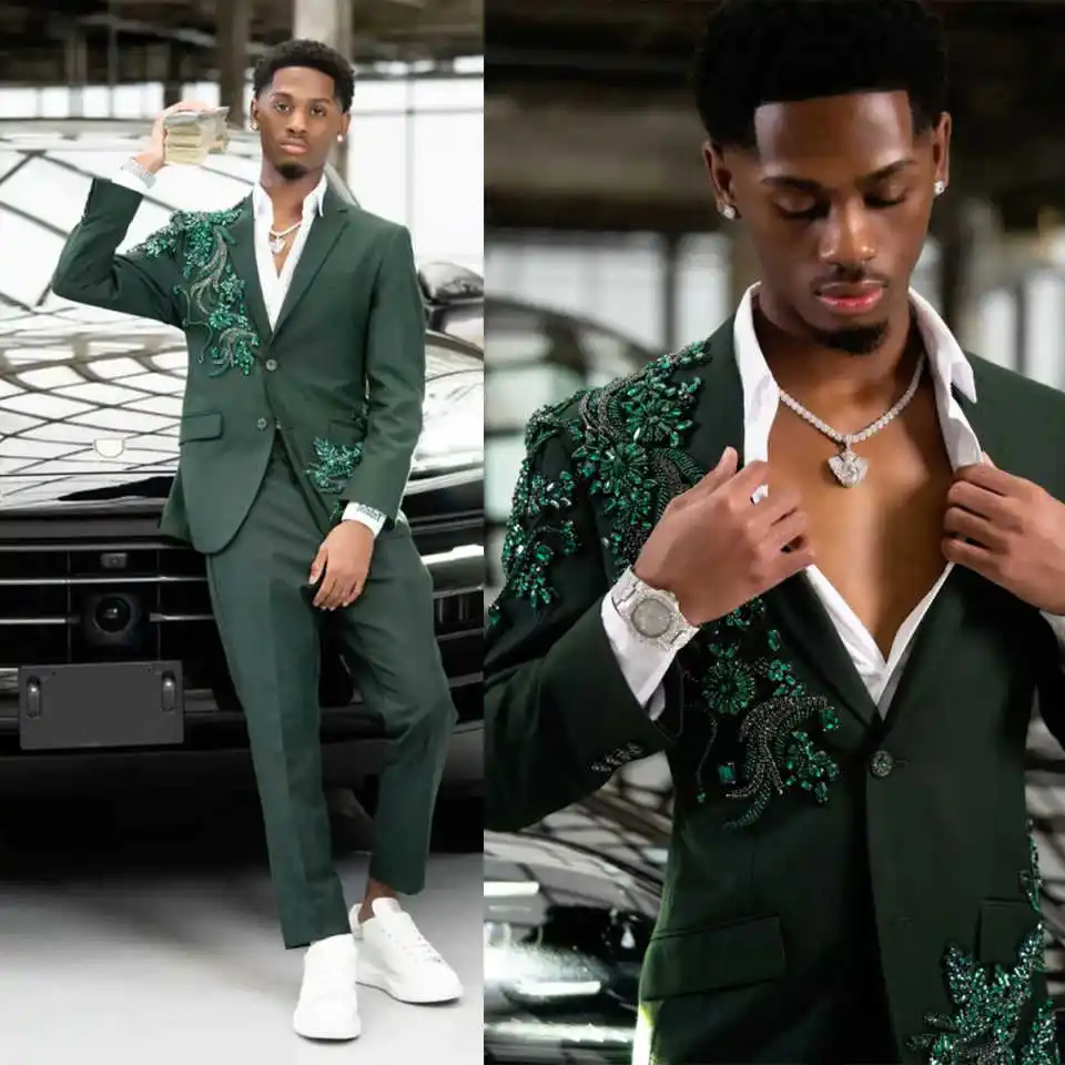 

Fashion Men Suits Single Breasted Notched Lapel Blazers Sets Crystals Prom Male Party 2 Pieces Customized Jacket