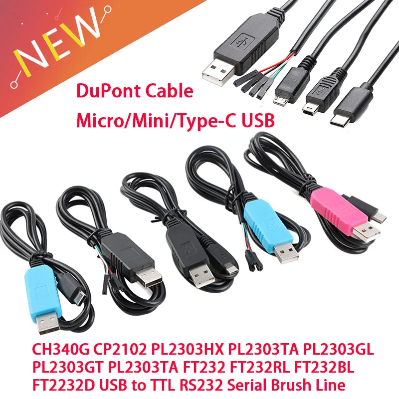 

CH340 PL2303 CP2102 FT232 TYPE-C Micro Mini Линейный кабель загрузки USB-TTL RS232 Преобразователь последовательного проводов с щеткой и корпусом