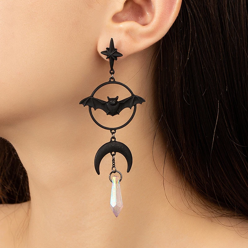 Gothic Halloween New In Ornaments Jewelry For Women Vintage Exaggerate Diablo System Black Bat Water Drop Stone Fashion Earrings