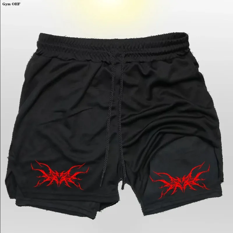 أنيمي رجل السراويل الرياضية 2 في 1 رياضة الركض الجري التدريب تنفس اللياقة البدنية طبقة مزدوجة المخفية جيب السراويل القصيرة