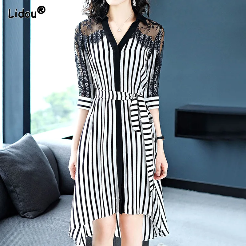 

Korean Young Style V-neck Striped Half Sleeved Empire Belt Dress Fashion Summer Elegant Temperament Popularity Women's Clothing