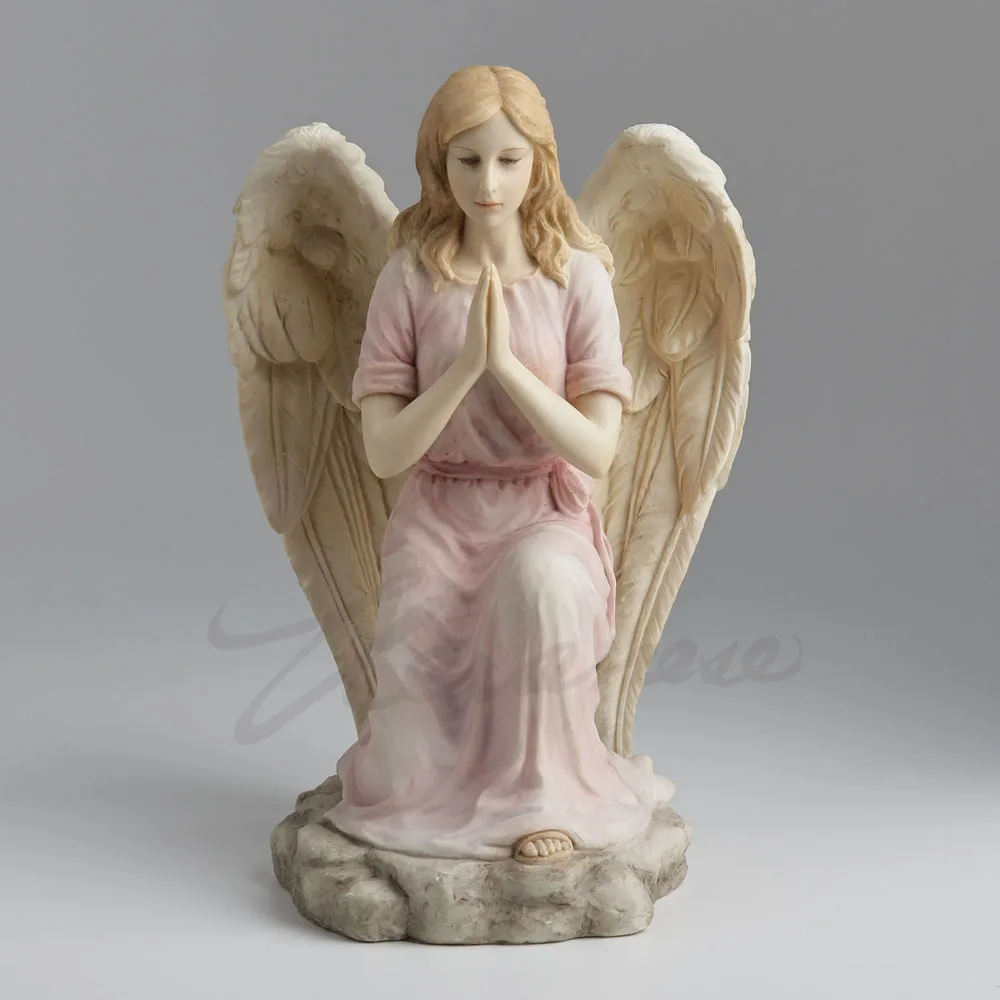Resin Kneeling Praying Angel Statue Pastel Pink Robe Large Carved Wings Rock‑Shaped Base Religious Sculpture Home Decor Ornament