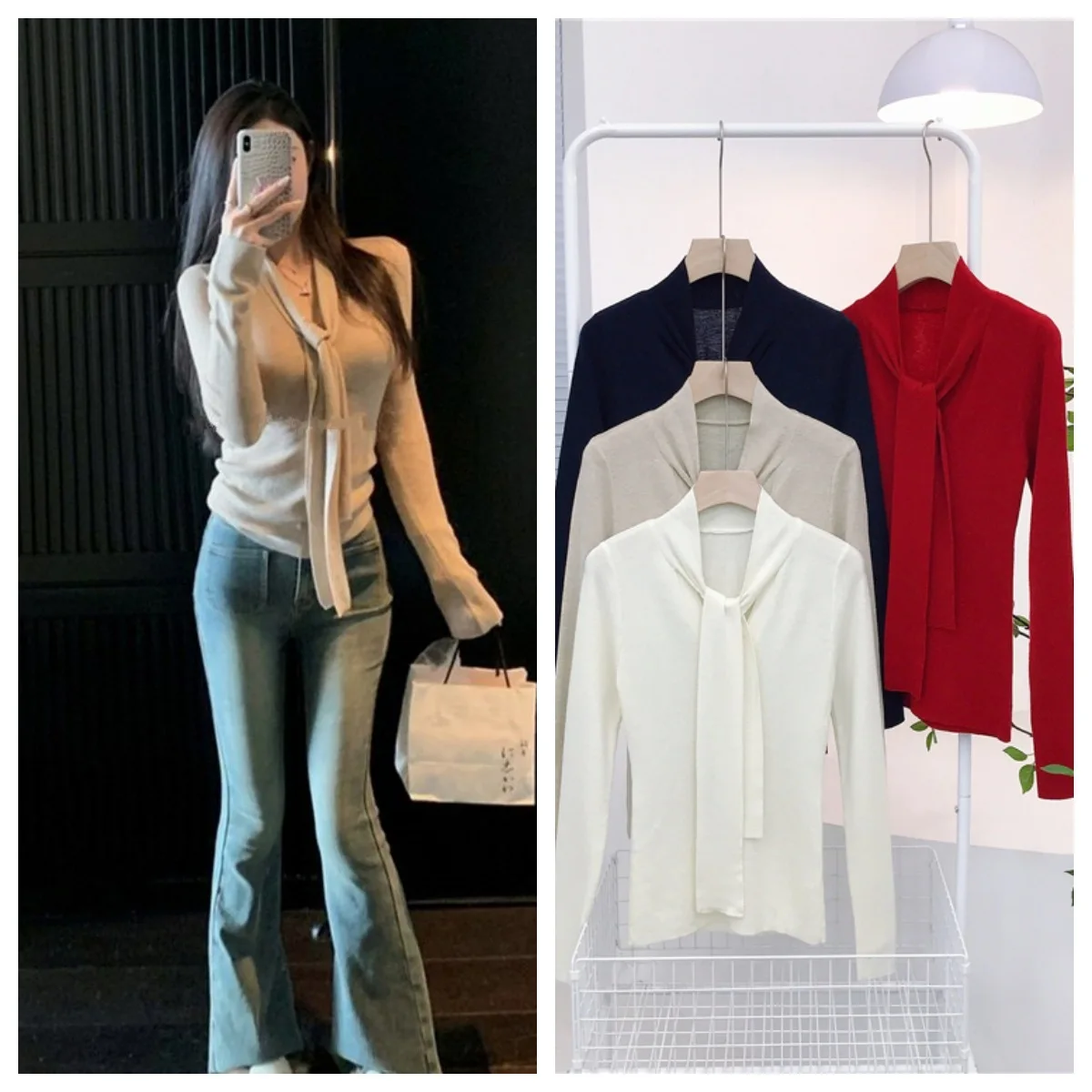 

7761 Korean Style Atmosphere Cashmere Solid Color V-Neck Tie Gold Secretary Outfit Loo Slim Knit Sweater With Inner Top For