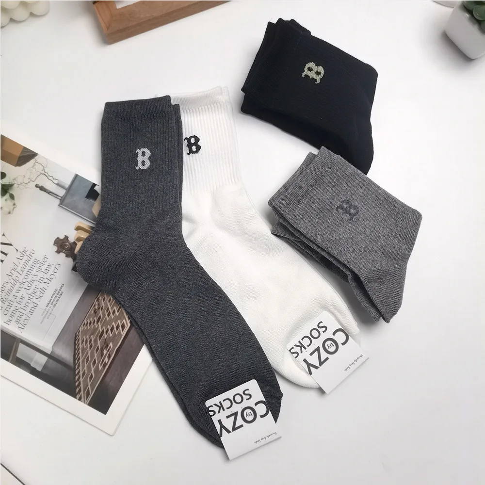 New Men's Mid-Calf Socks, Classic, Letter B Design, Comfortable, Moisture-Wicking, Sport Style Boys Breathable Christmas Gift