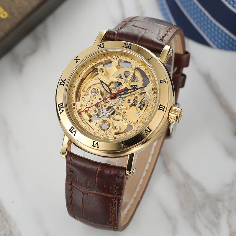 FORSINING Original Automatic Men Wrist Watch Luxury Golden Skeleton Transparent Mechanical Bezel Markers Leather Band Male Dress