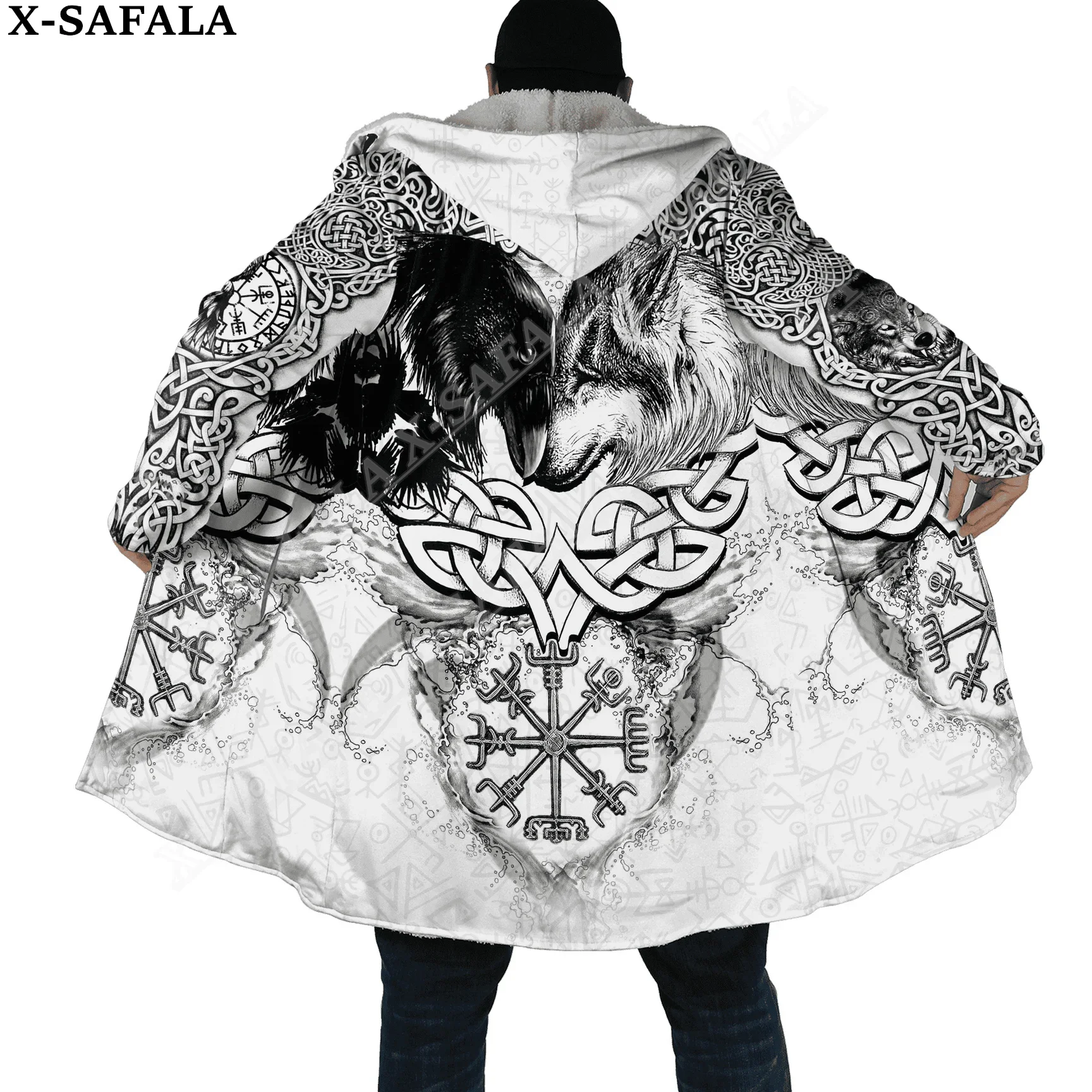 Symbol Viking Tattoo Raven Wolf Odin Overcoat Coat 3D Print Thick Warm Hooded Cloak  Men Windproof Fleece Unisex Casual-1