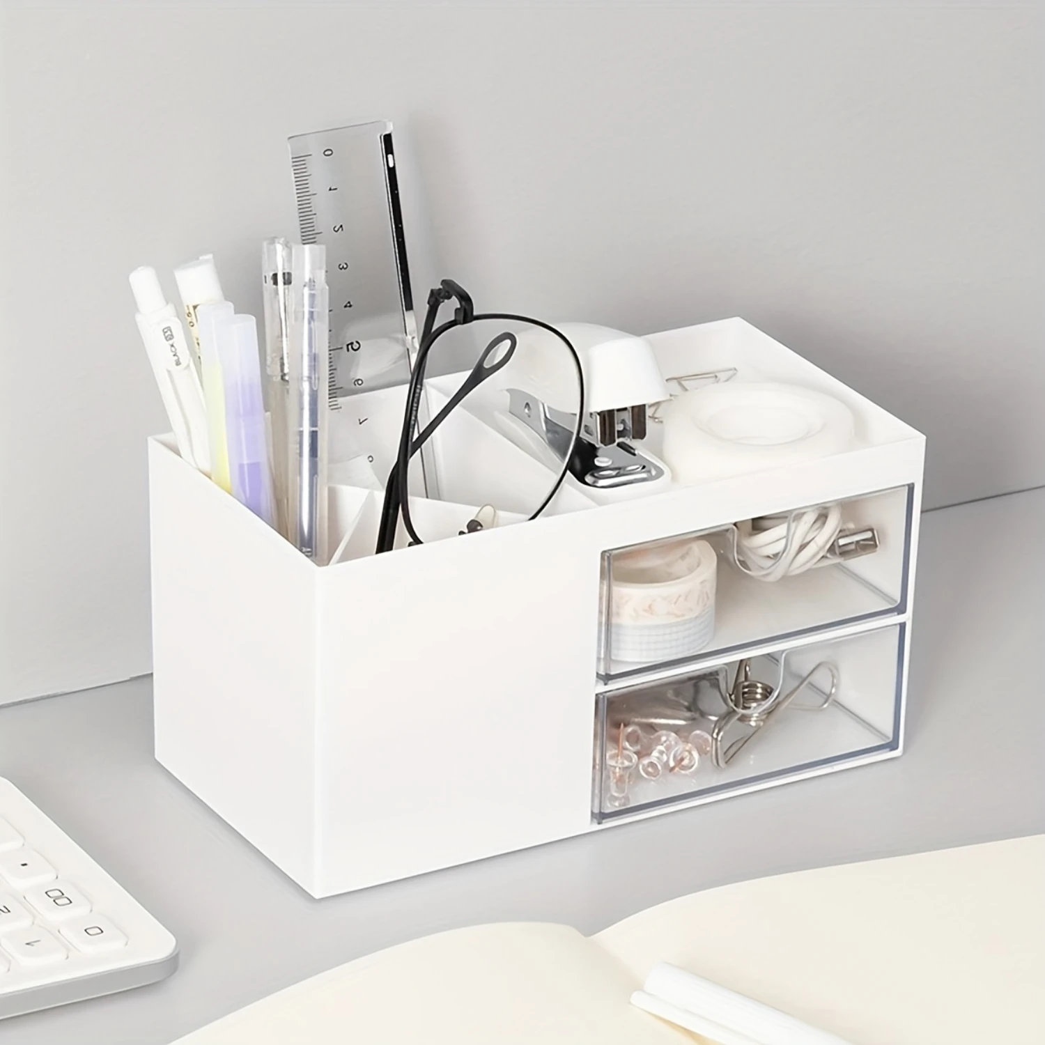 

1pc White Pen Holder With Drawer Perfect For Students