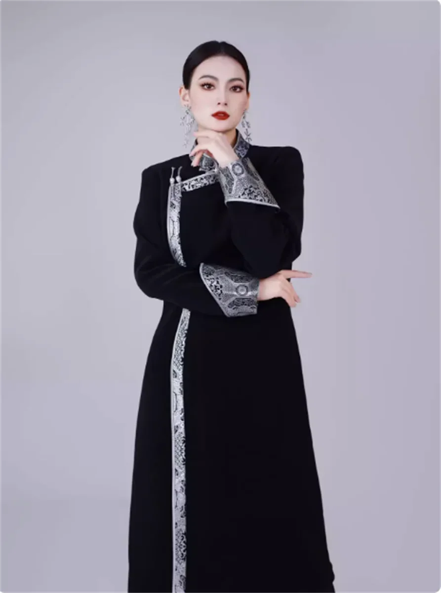 Ethnic style long autumn and winter brushed woolen coat with distinctive features