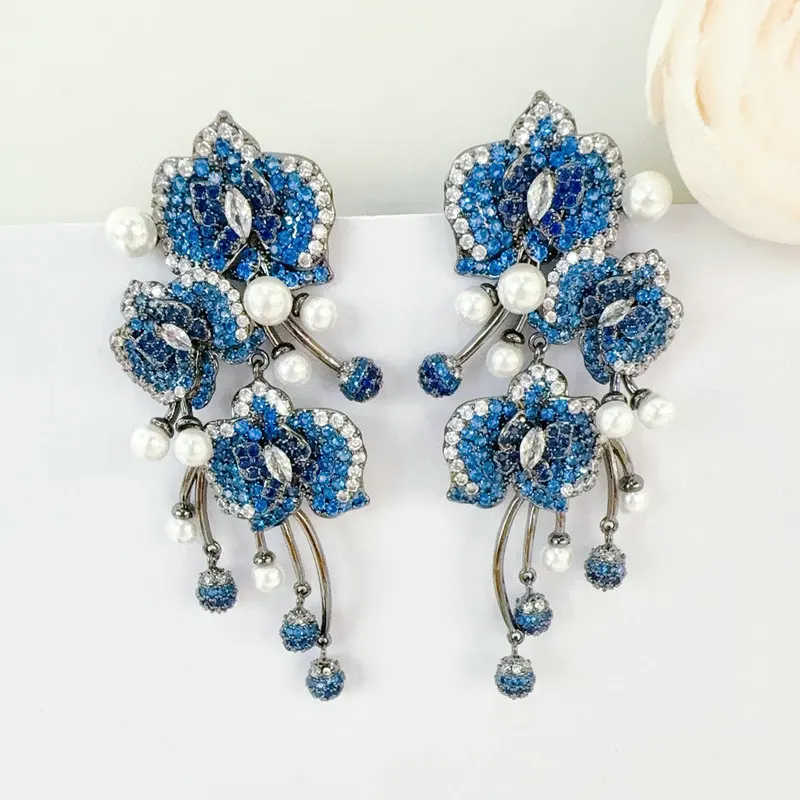 

Bilincolor Luxury Royal Blue Flower with White Pearl Earring for Women