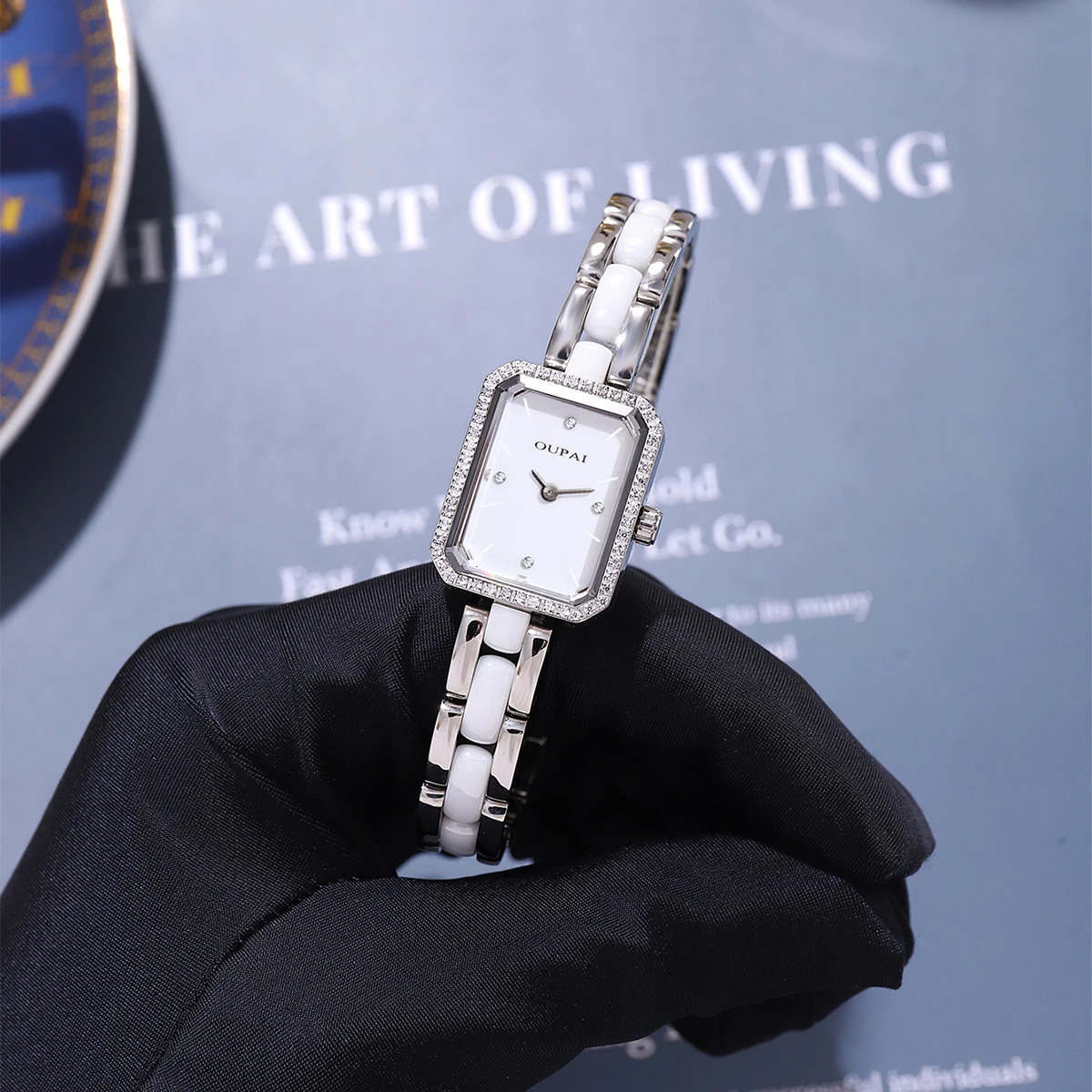 Oupai Reloj Rectangular Pulsera de Mujer Cuarzo Blanco Reloj de Pulsera de Cadena Simple y a la Moda Vestido Exquisito Resistente al Agua