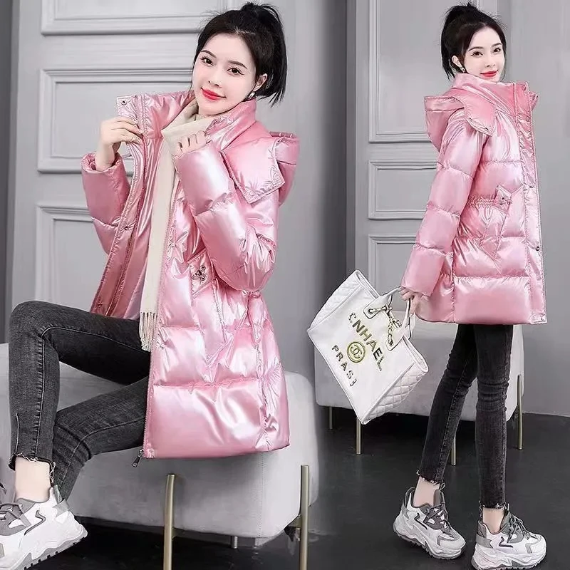 Wash-free Glossy Women\'s Down Cotton-padded Jacket 2024 Explosions Winter Female Korean Waist Coat Fashion Long Cotton Overcoat