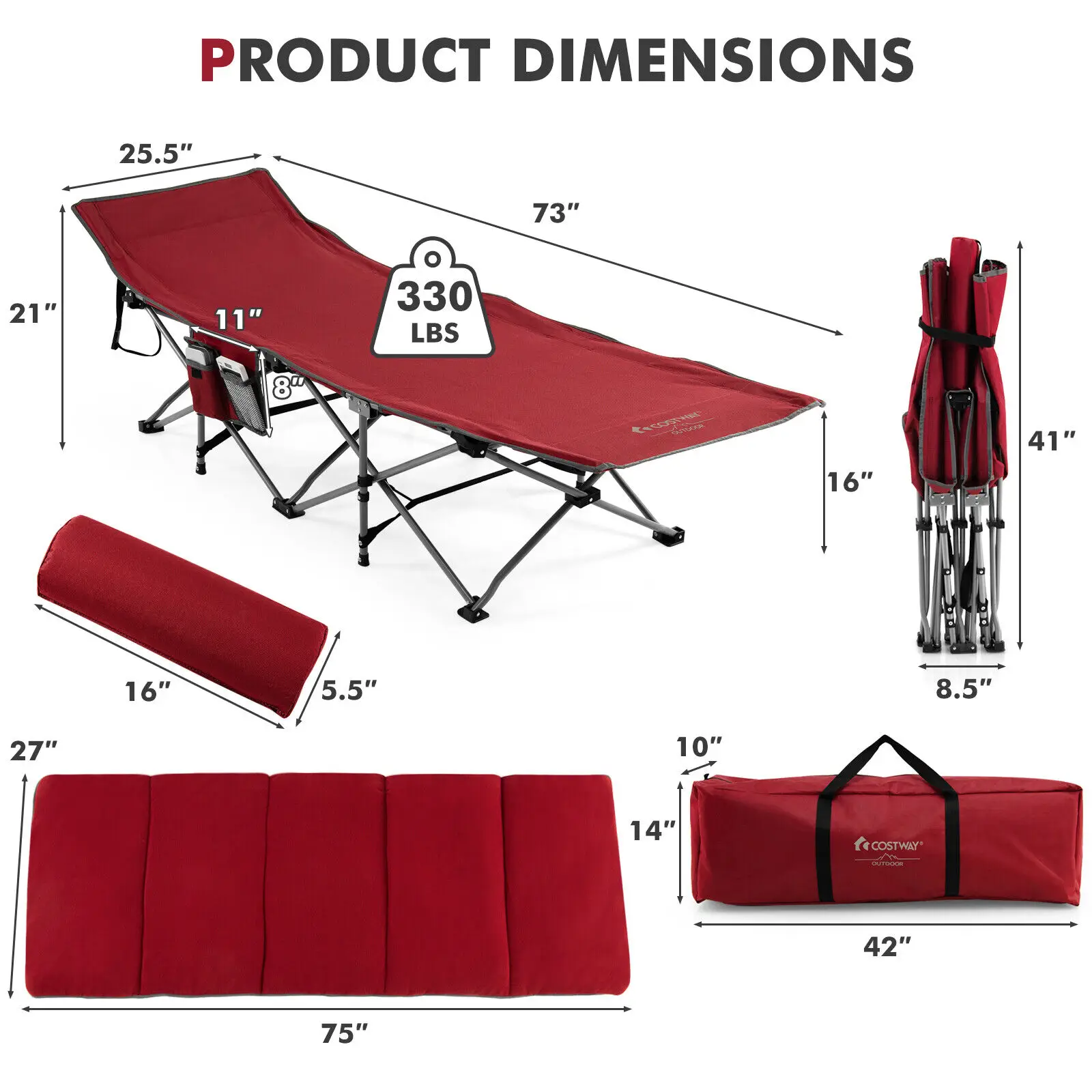 Costway Folding Retractable Travel Camping Cot w/Removable Mattress & Carry Bag Red