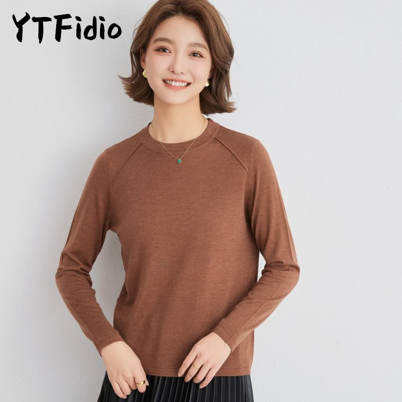 

YTFidio 100% Wool Women O-neck Long Sleeved Pullover Causal Sweaters Solid Knitted Tops Loose Pullovers 80