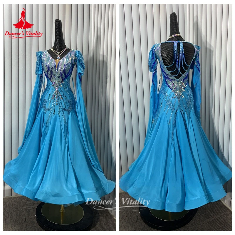 호수색 볼룸 댄스 진주 실크 하단 헴라인 드레스 (목걸이 포함) 성인 여성용 포크스트롯 왈츠 의상 맞춤 제작 댄서의 활력