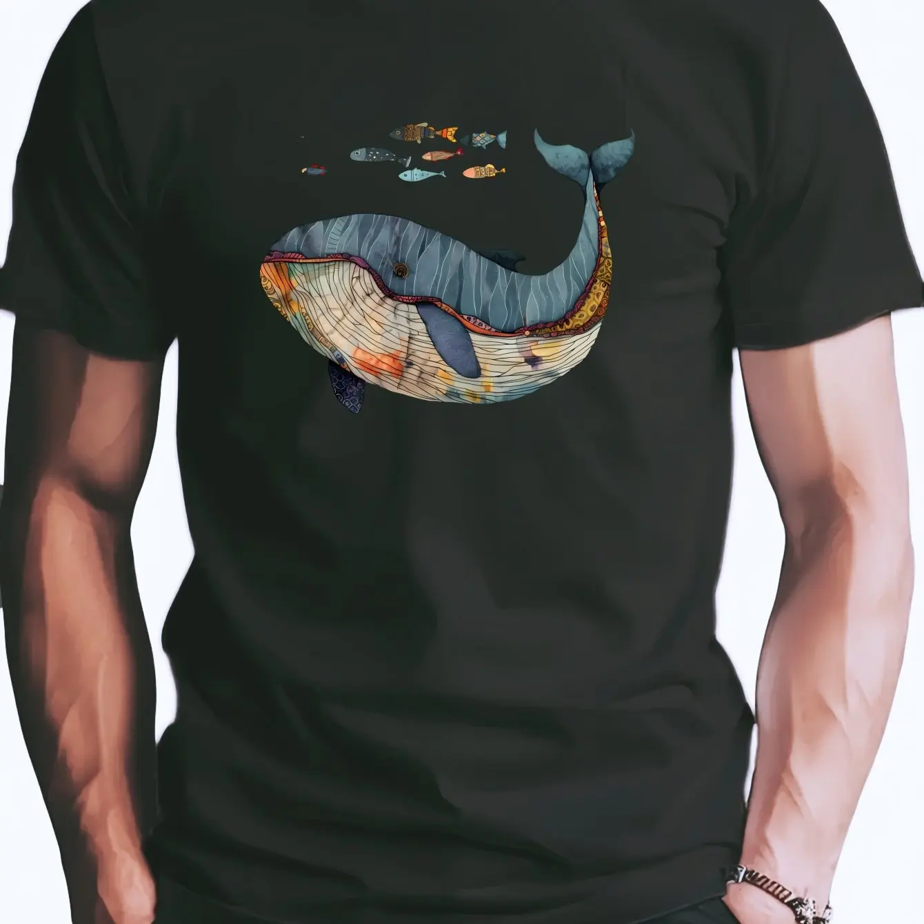 Men's Casual Whale Fish Print T-Shirt - Soft Polyester Short Sleeve Crew Neck - Perfect for Summer Men Clothing
