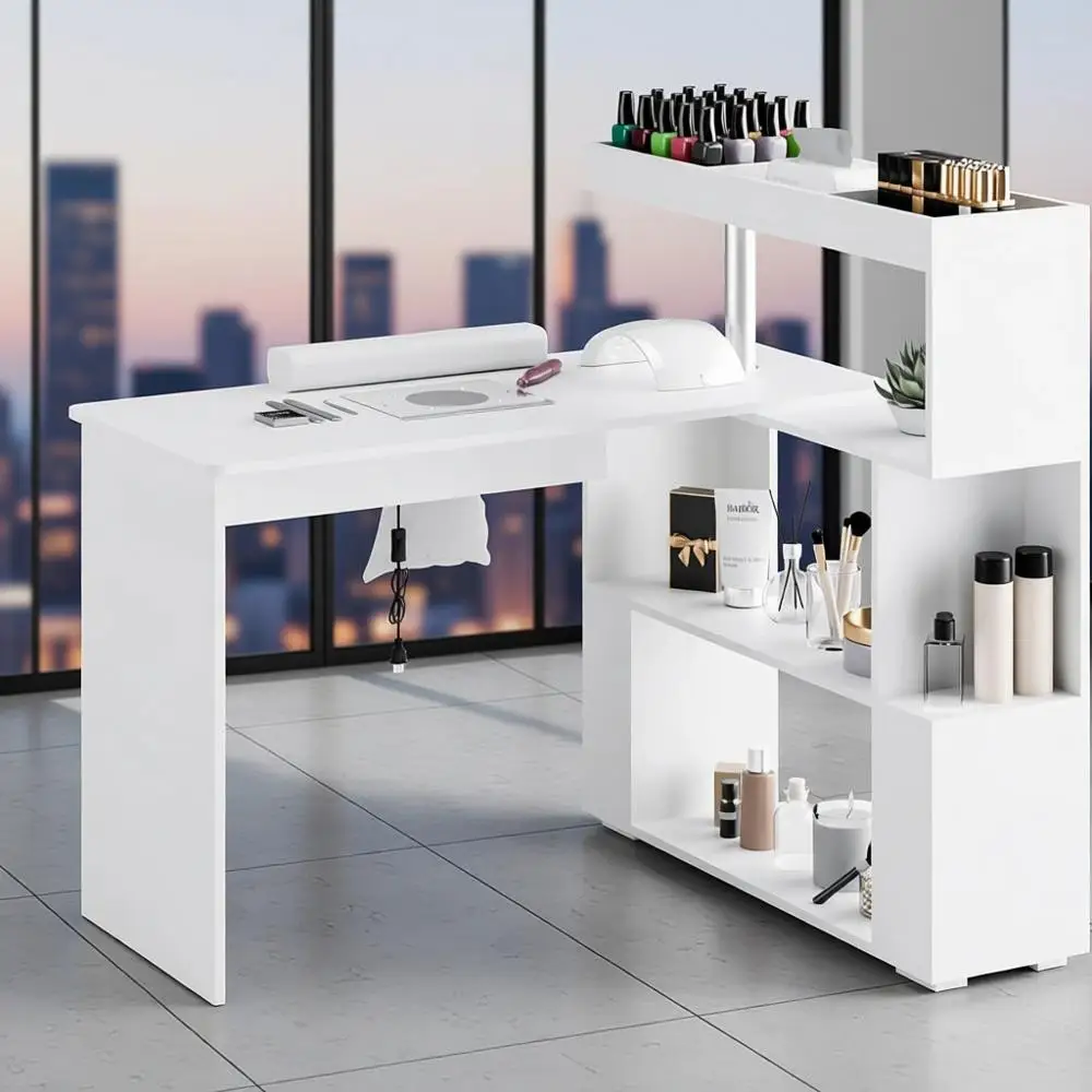 

L-Shaped Acrylic Nail Technician Desk with Dust Collector, Rotating Table and Storage, Acetone Resistant, White