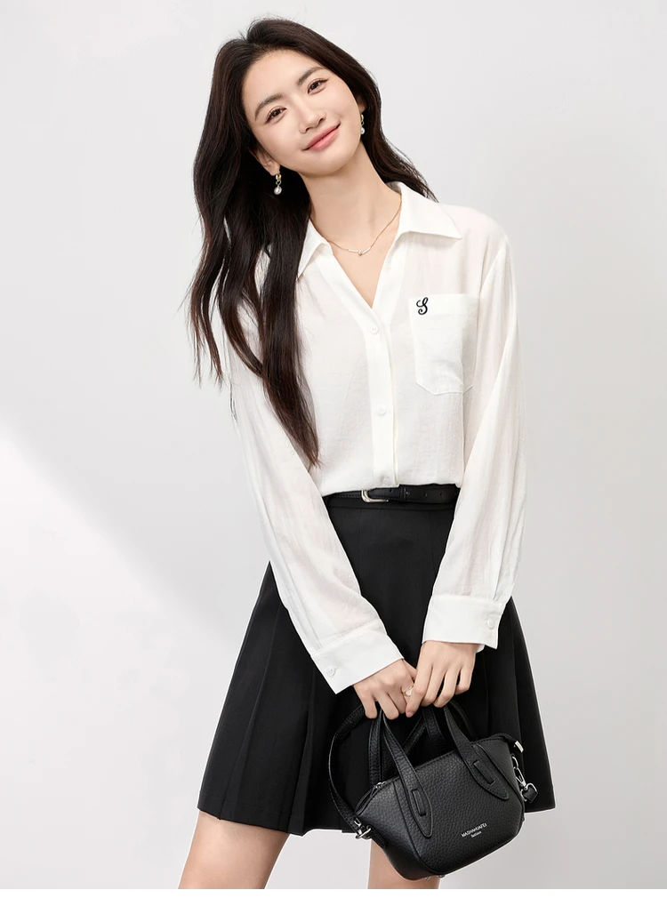 

SENTUBILA Women's Shirt Lyocell Summer White 2025 Commuter V-Neck Lapel Embroidered Long Sleeve Hemp Elegant Blouse 152CA1716
