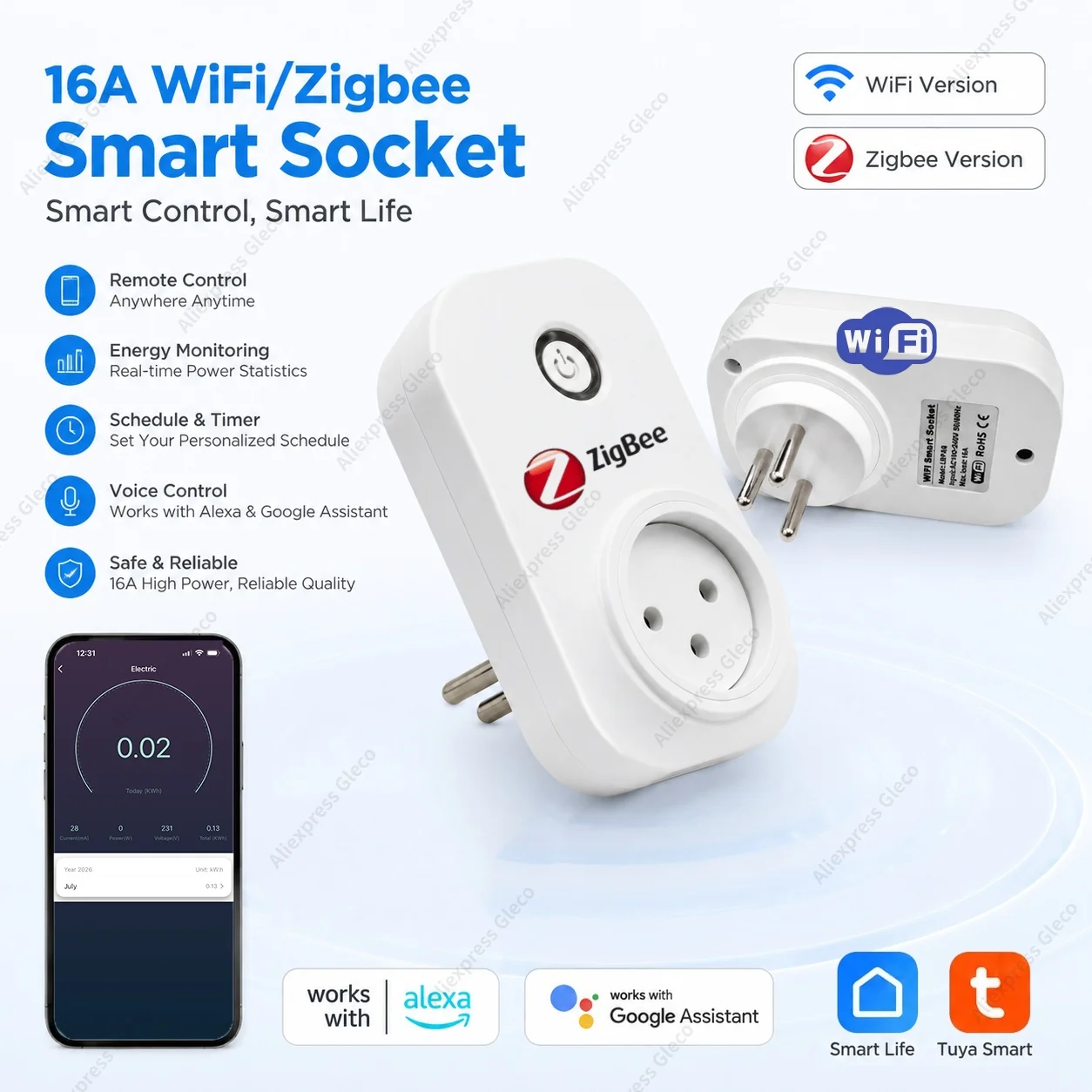 Tomada Inteligente Tuya 16A Israel WiFi/Zigbee com Monitor de Energia, Temporizador e Controle por Voz Alexa Google