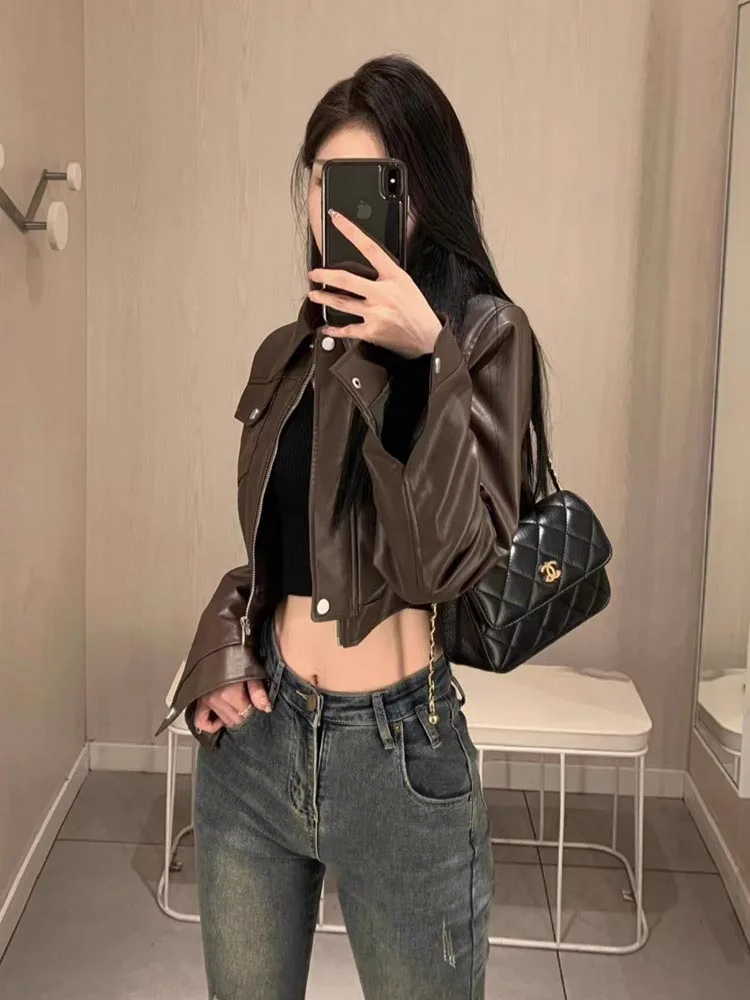 Hochgeschnittene Kunstlederjacke für Damen Modische Bikerjacke Trendige Streetwear Herbst Winter Neuerscheinung