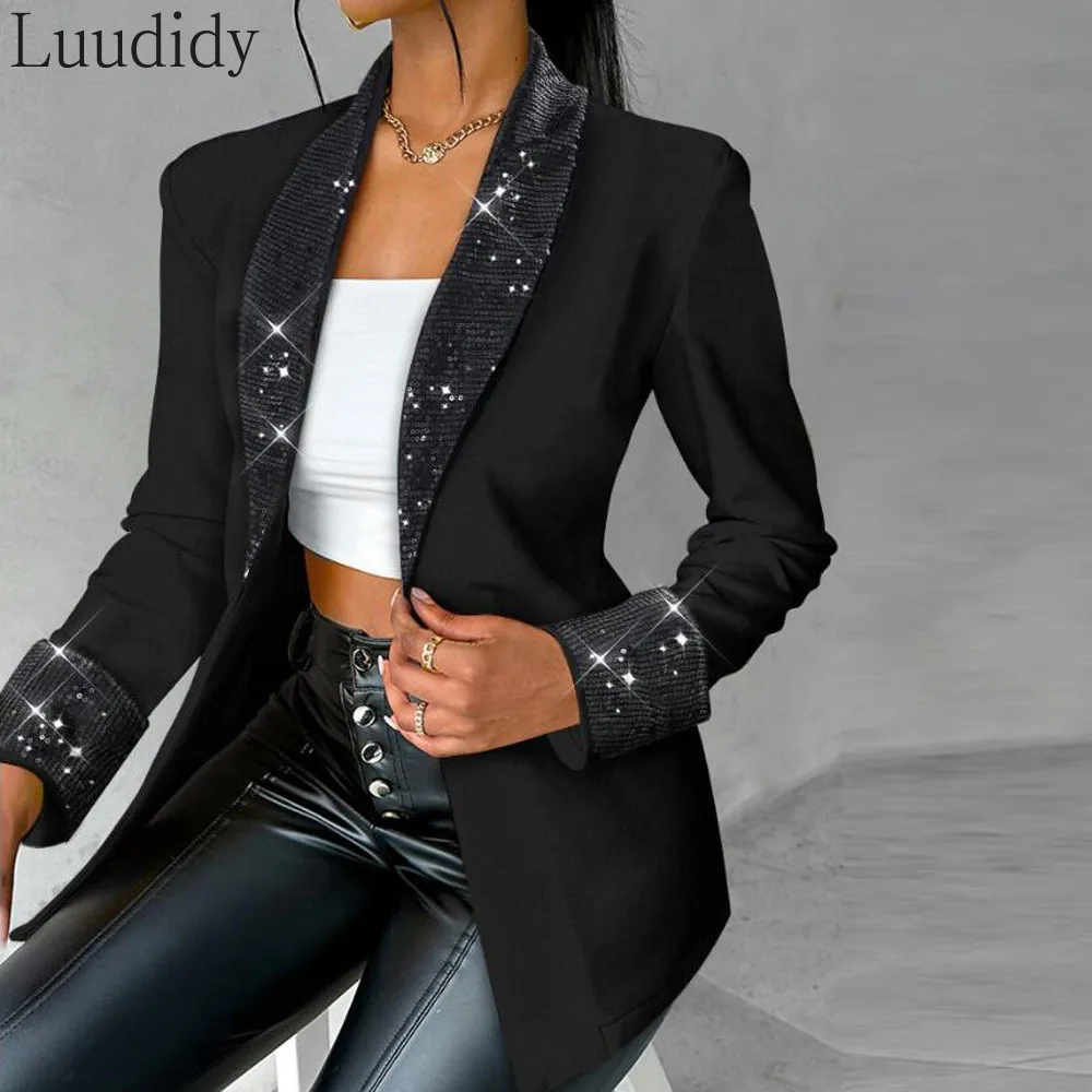 Women Elegant Casual Solid Color Long Sleeve Notched Collar Sequin Decor Blazer Coat