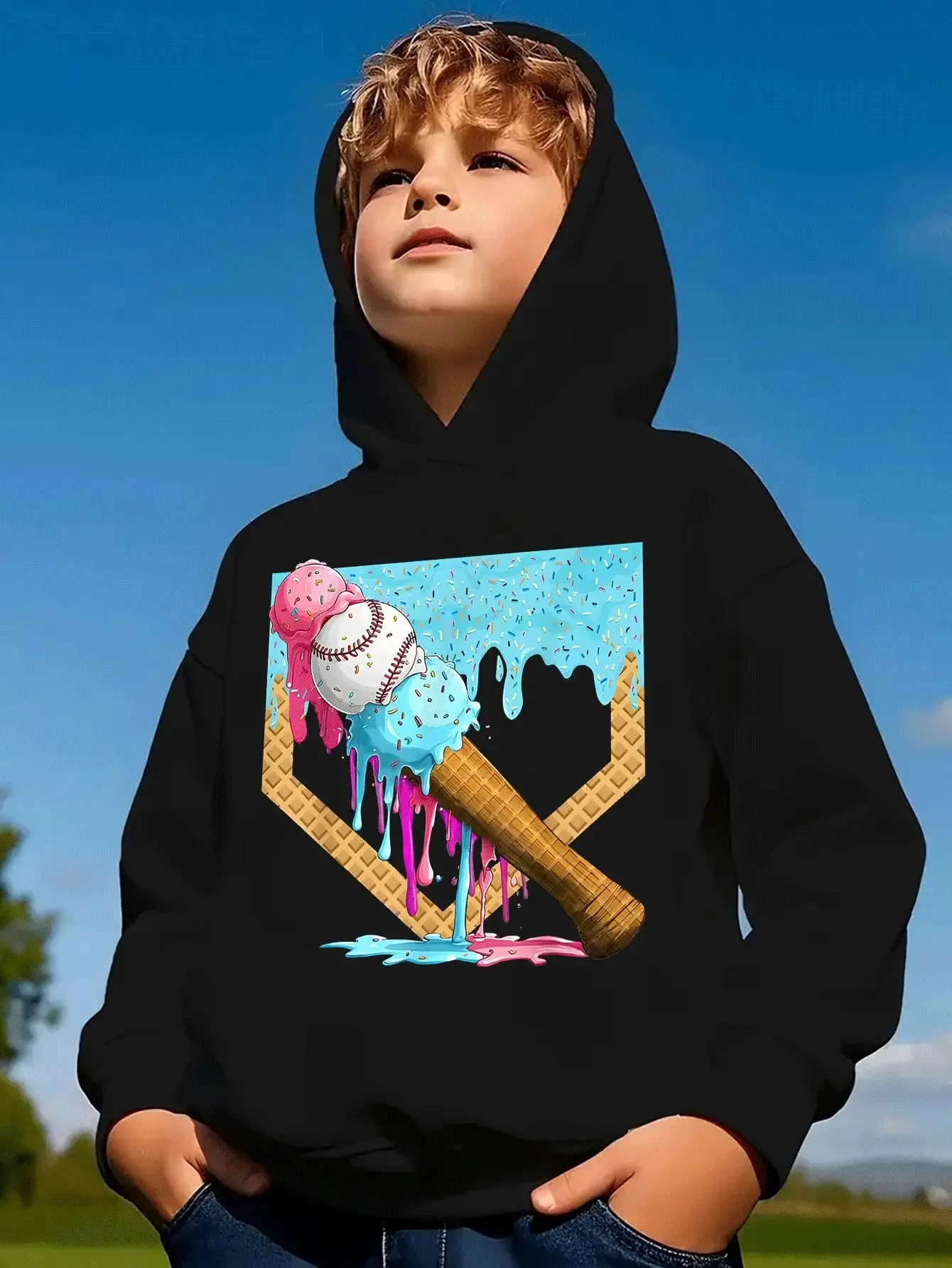 Trendy Baseball Ice Cream Drip Art Graphic Hoodie Unisex Kids Long Sleeve Pullover Hooded Sweatshirt Loose Autumn