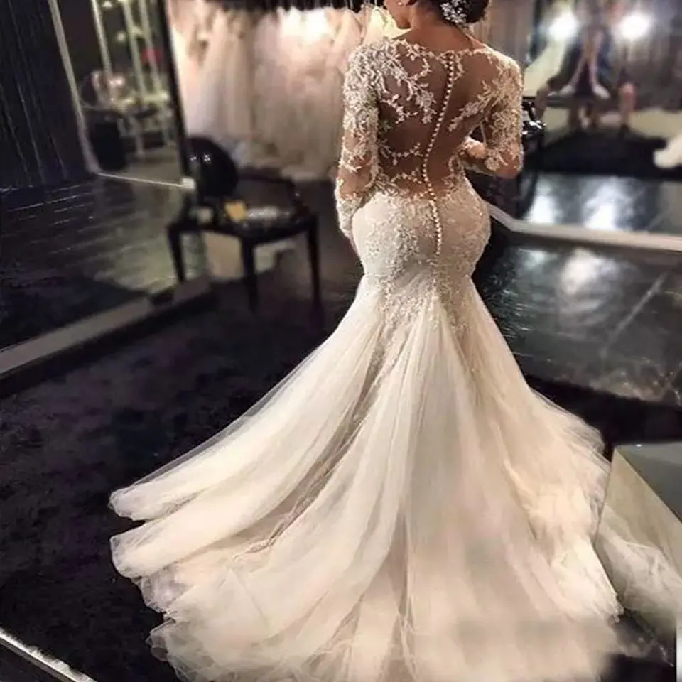 New Luxury Lace Appliques Mermaid Wedding Dresses Illusion Long Sleeves 2025 Buttons Court Train Tulle Bridal Gowns For Women