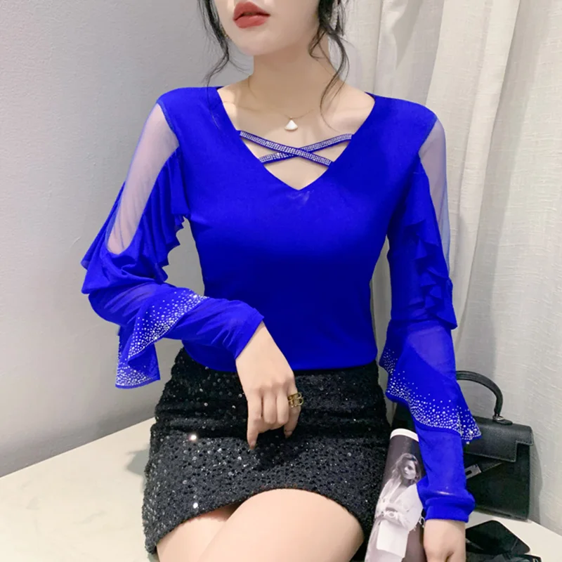 Autumn New  V-Neck Long Sleeved T-Shirts For Women's Clothes Fashion Casual Hot Drilling Ruffles Mesh Tops Tees