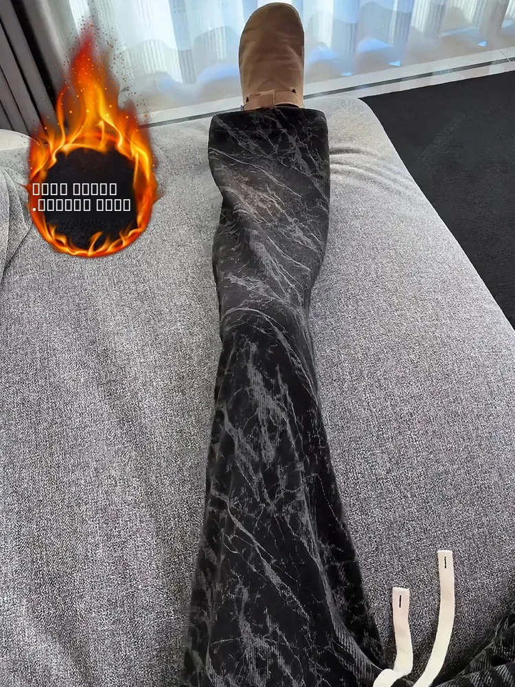 

Bla Thiened Fce Lined Corduroy Men's Sweatpants Loose Straight Leg Pants Winter Warm Tie Dye Embroidery Casual Trousers