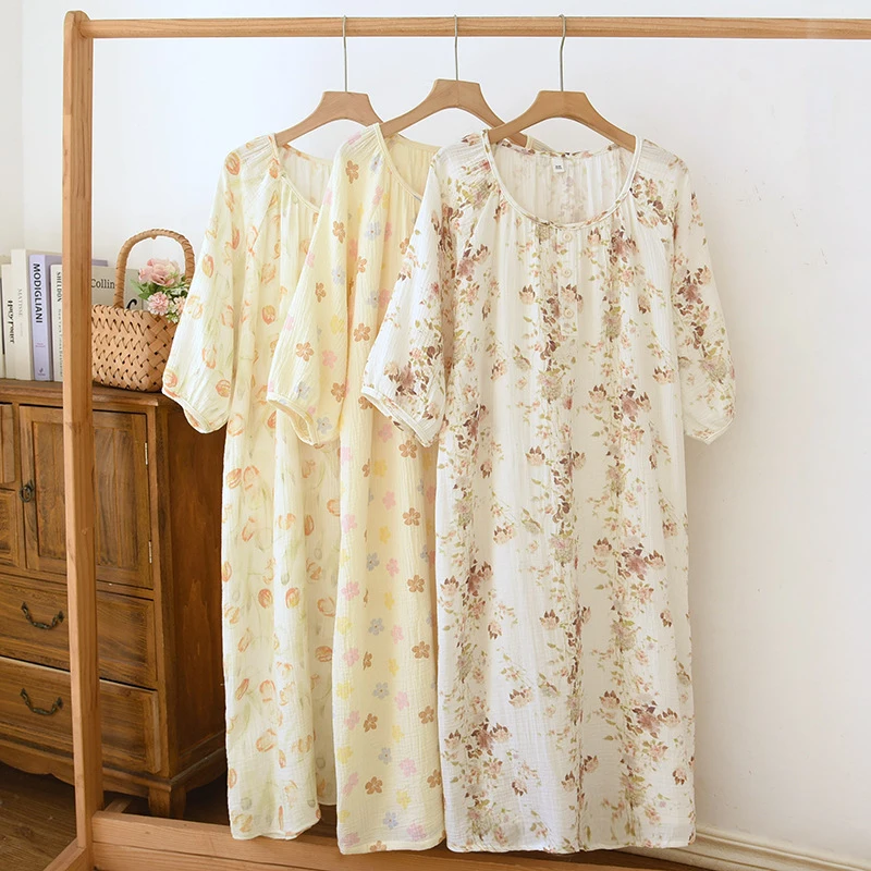 1pc Women's Nightgown Sweet Girly Style 100% Double Layer Cotton Gauze Round Neck Pullover 3/4 Sleeve Lightweight Wearable Outsi