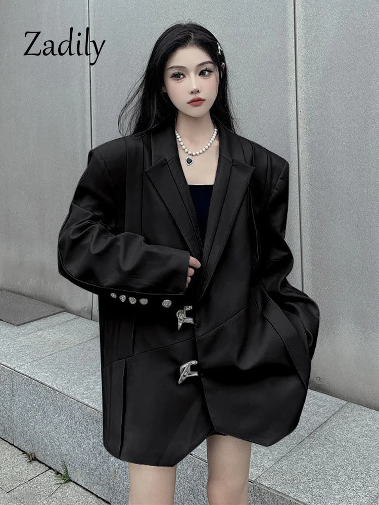 Zadily 2023 Winter Office Lady Long Sleeve Women Oversize Blazer Korea Style Metal Button Woman Work Suits Coat Female CLothing