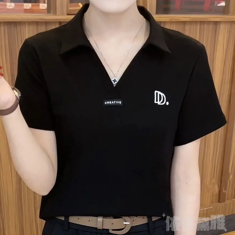 Odzież damska Polo Neck Solid Color Letter Tops Tees Summer Short Sleeve Thin Loose All-match Office T Shirts Fashion Casual