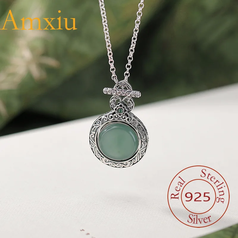 

Amxiu, стерлинговое серебро 925, синий водный нефрит, Ruyi Vajra, пестик, тыква, вращающийся круглый кулон, ожерелье, комплект цепочек