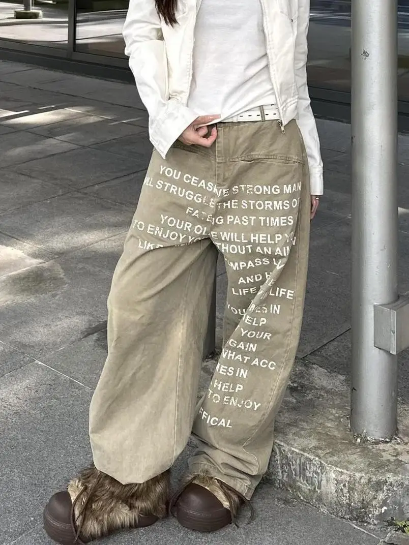 

Women's Letter Printed Khaki Loose Wide Leg Jeans Street Style Unisex Vintage Streetwear Trouser Female Casual Denim Pant