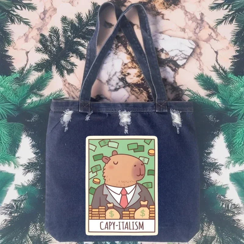 

Capybara cartoon don't worry be capy capibara Women Shoulder Large Capacity Denim Tote Bag Simple Female Handbag Crossbody Bags