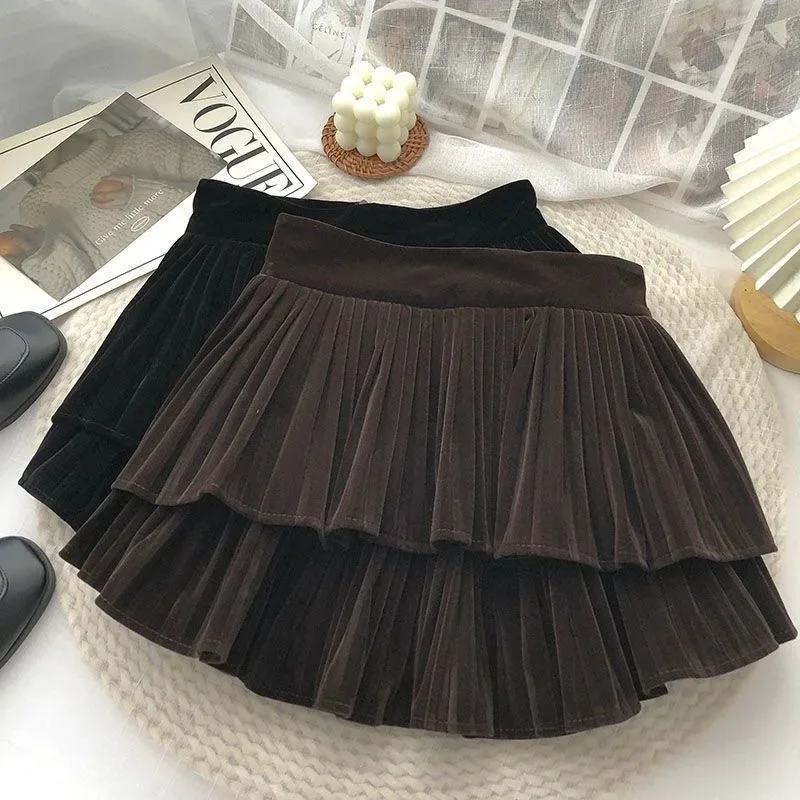 

Velvet Skirts for Girls Autumn Winter Fashion High Waist Ruffled Princess A-line Skirt for Kids Black All-match Children Skirts