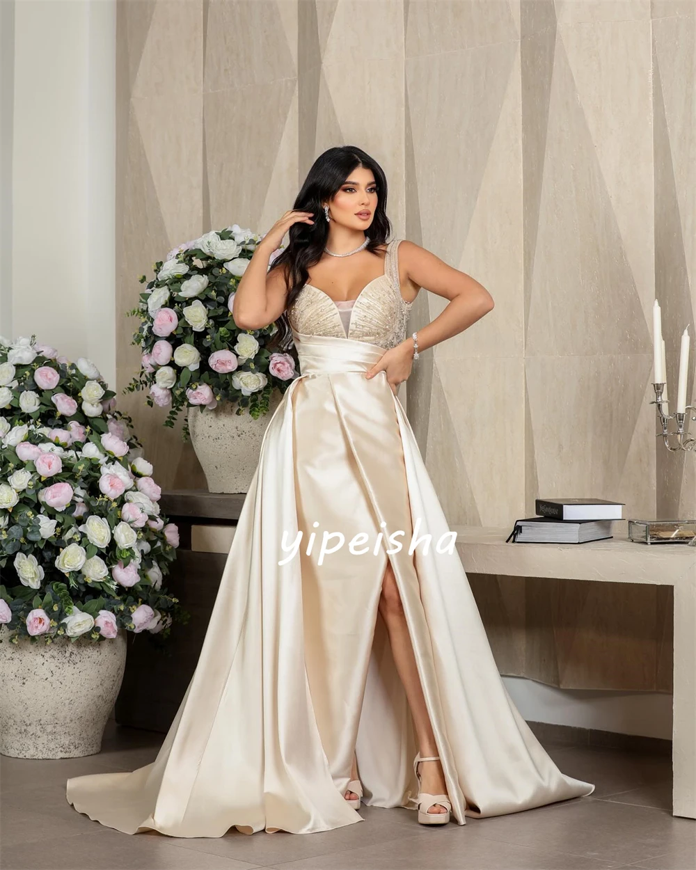 Robe trapèze longue en satin biscuits, tenue de soirée, sur mesure, bretelles spaghetti