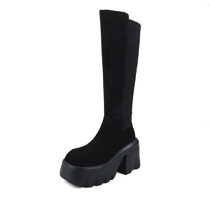 Arden Furtado Women's Autumn Platform Cowhide Skinny Boots round Toe Side Zipper Super High Heel Knee-High Large Size Boots