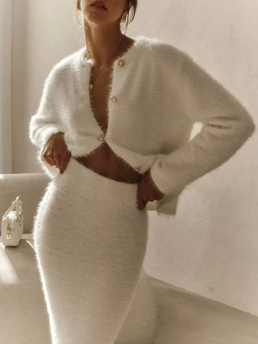 Wolfeel 秋冬カーディガンスカート 2 点セット女性フリースニット長袖シングルブレストぬいぐるみニットファッション衣装