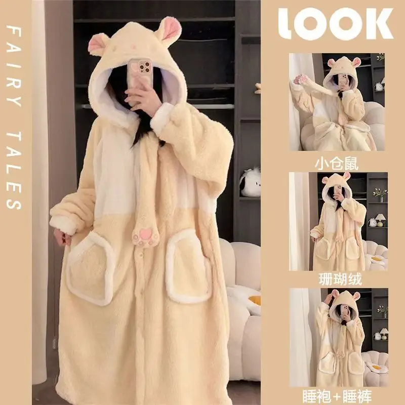 

Зимняя теплая бархатная ночная рубашка с капюшоном, кавайная плюшевая одежда для сна с маленьким хомяком, утепленная повседневная домашняя одежда для девочек, пижамный комплект ﻿