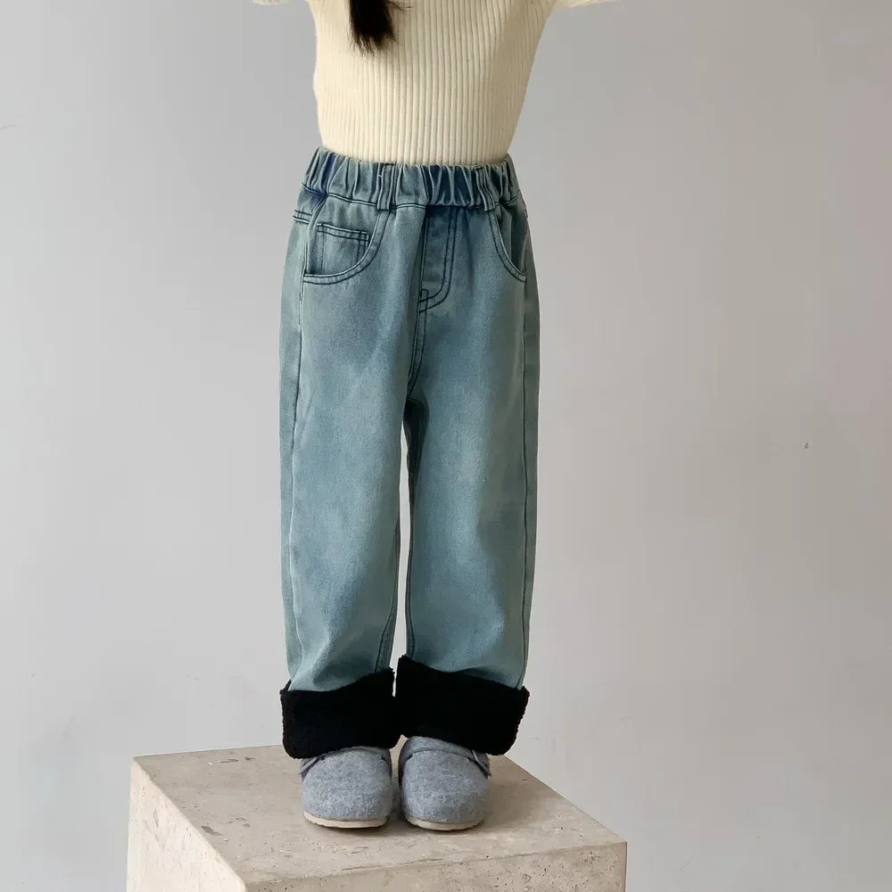 Children Straight Leg Pants Childrens Clothing Winter Baby Korean Splicing Jeans Casual Thickening Soild Velvet Elastic Waist