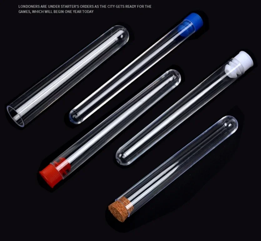 50 قطعة/الحزمة 12x100 مللي متر مختبر شفاف واضح البلاستيك أنابيب الاختبار قوارير مع غطاء دفع مختبر مدرسي لوازم #5