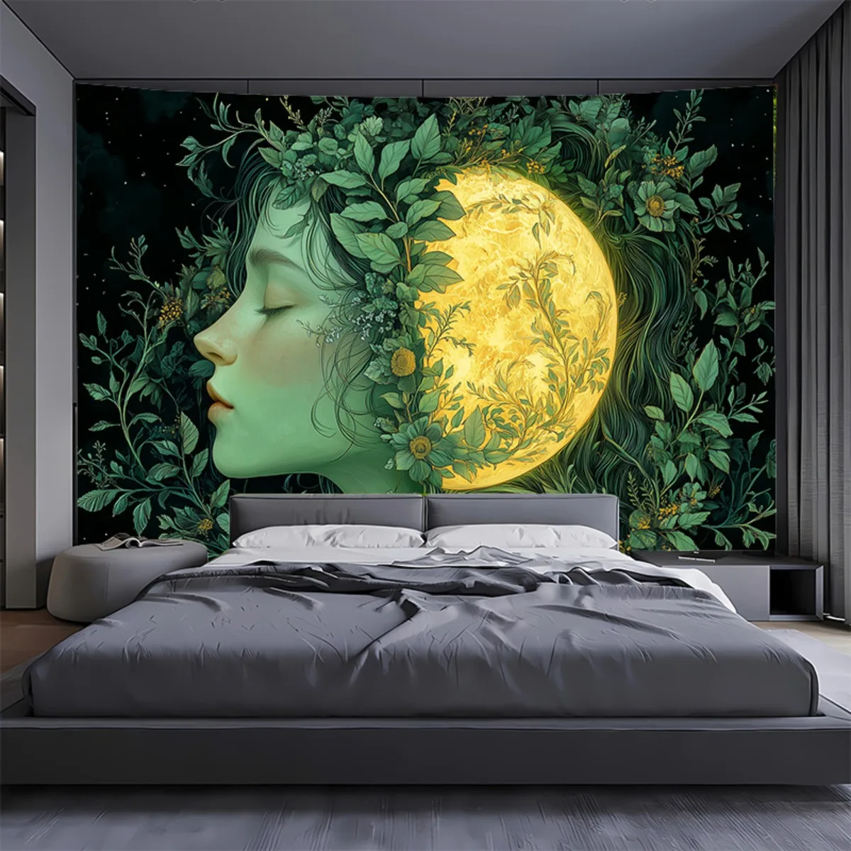 

2D Flat, 1 шт. Гобелен Мандала Богини Солнца и Луны - Богемный настенный гобелен с искусством зеленой богини, Дези в стиле мистической татуировки