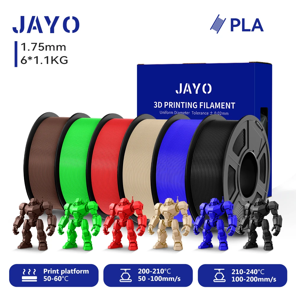 JAYO 6 Rollen 3D PLA Druckerfilament 1,75mm Ungiftig & Blasenfrei PLA-Kunststoff als 3D-Druckfilament für 99% der 3D FDM Drucker & Stifte