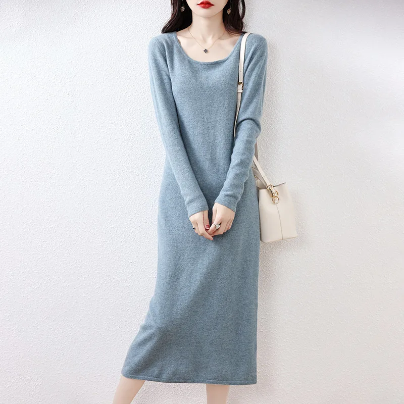 2023 Women's Fashion Autumn and Winter New Wool Dress U Neck Knitted Long Wool Dress Fashion Style High Waist One Step Dress