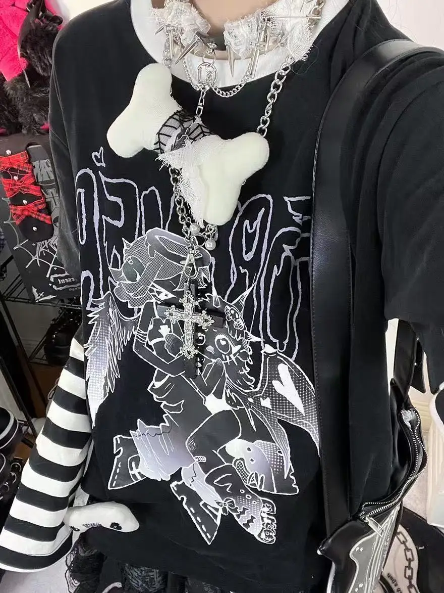 Fashion Stripe Print T-shirts Basic Tee Casual Oversized Patchwork Tops Long Sleeve Fake Two Piece Striped Tshirt Tees Clothing