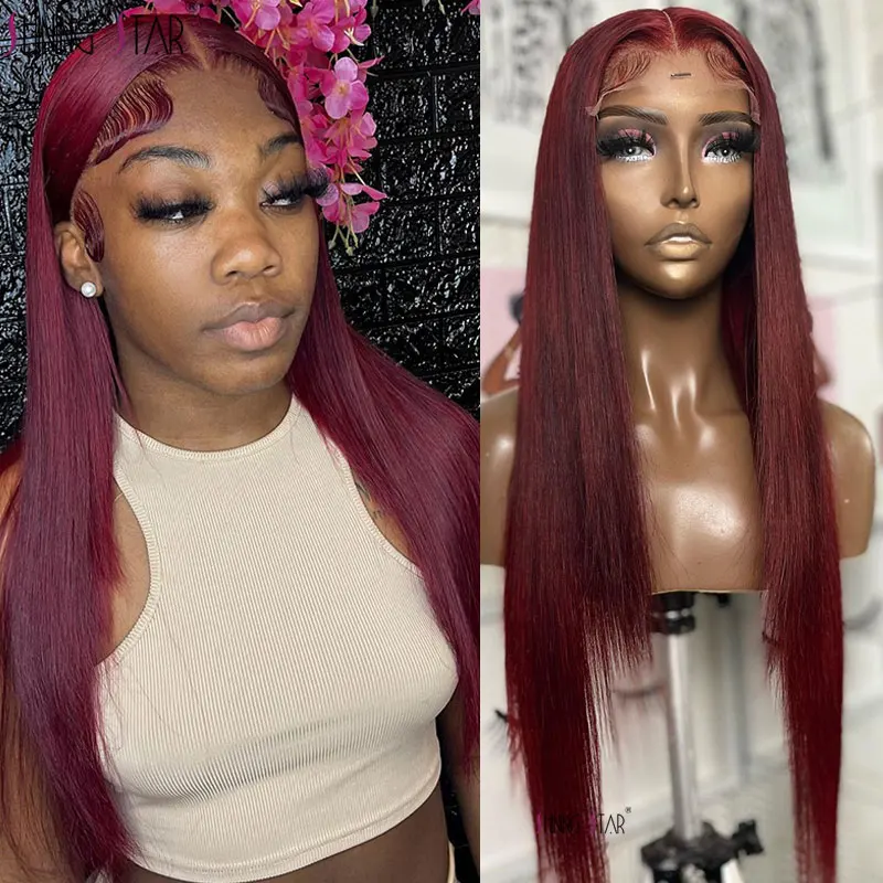 

Colored Red Burgundy Lace Front Human Hair Wigs For Women Straight 13X4 HD Lace Frontal Wigs Human Hair Brazilian Lace Front Wig